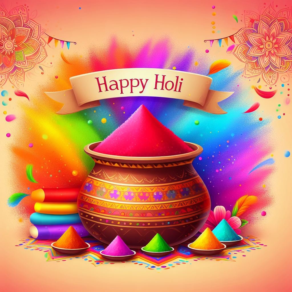 Beautiful Background In Front Of Which Gulal Is Placed In A Clay Pot And Behind It Is A Big Banner With Happy Holi As A Pichkari.